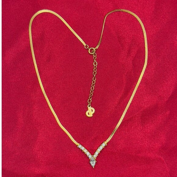Vintage Christian Dior Gold-Tone Necklace With V-Shape Crystal Accents & Adjusta - Picture 5 of 9